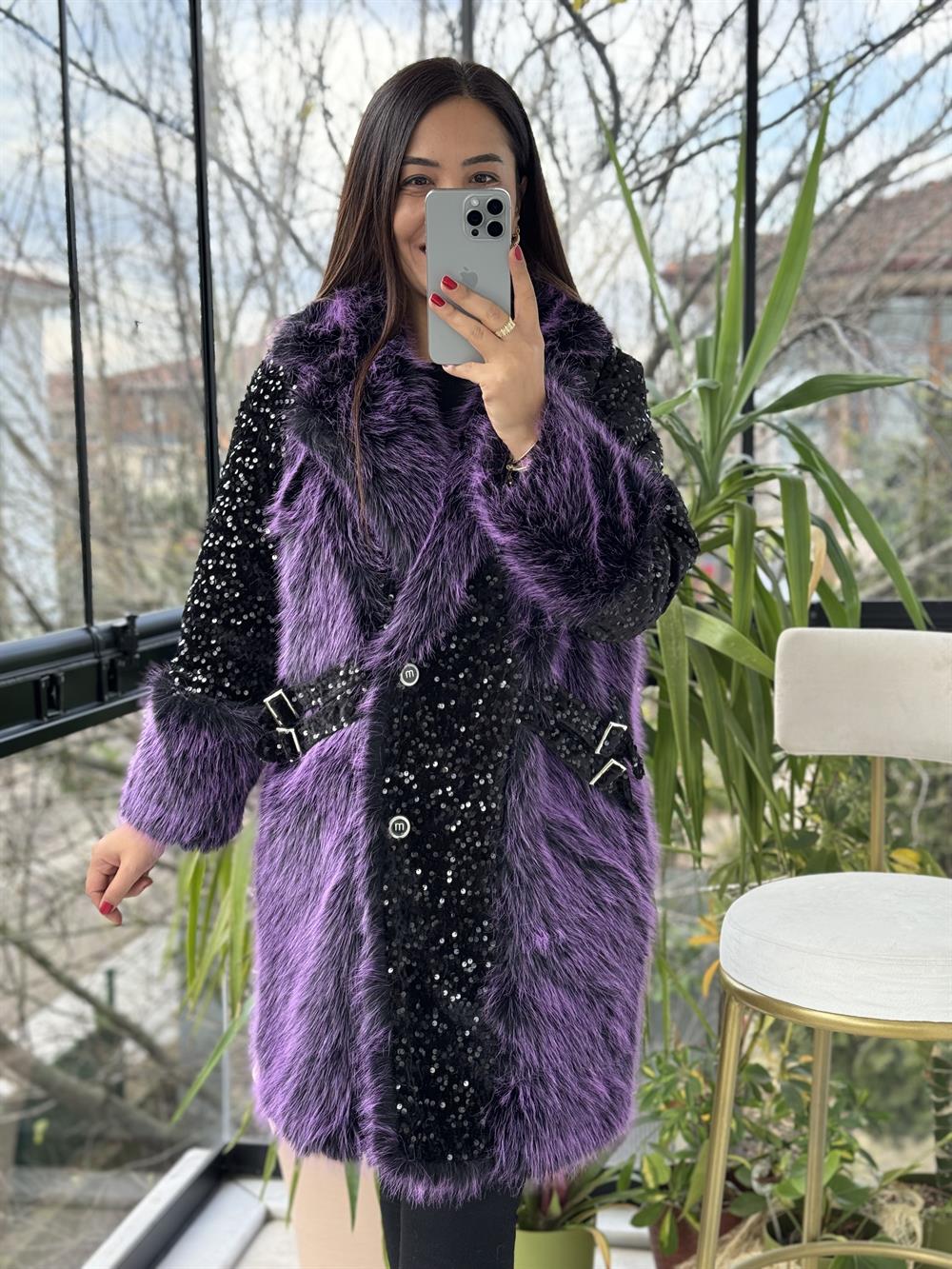 Payetli Kemer Detaylı Kürk Mont Mor