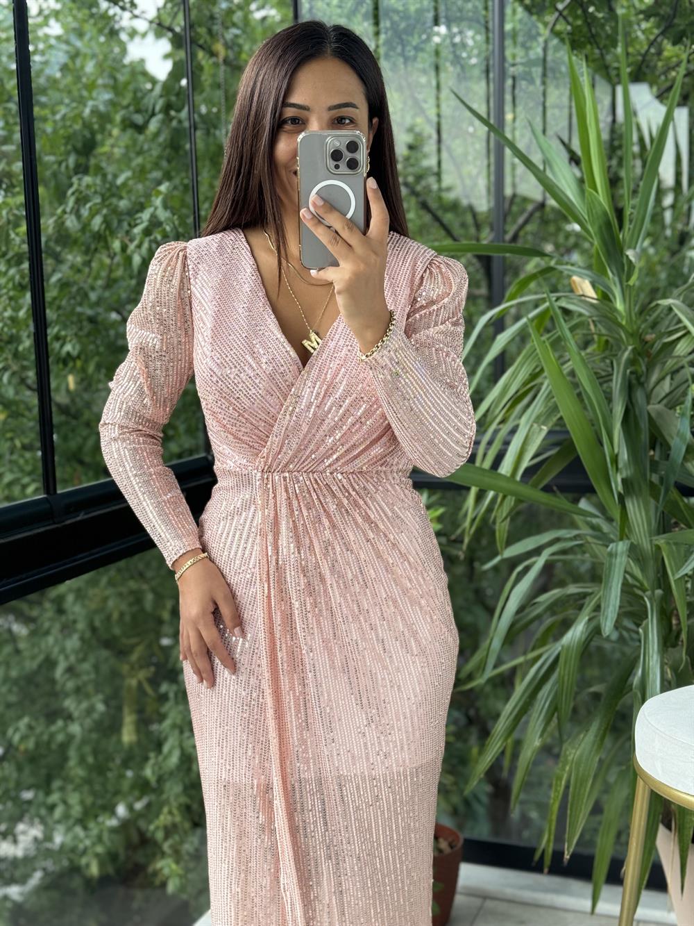 Payetli Kruvaze Abiye Pudra