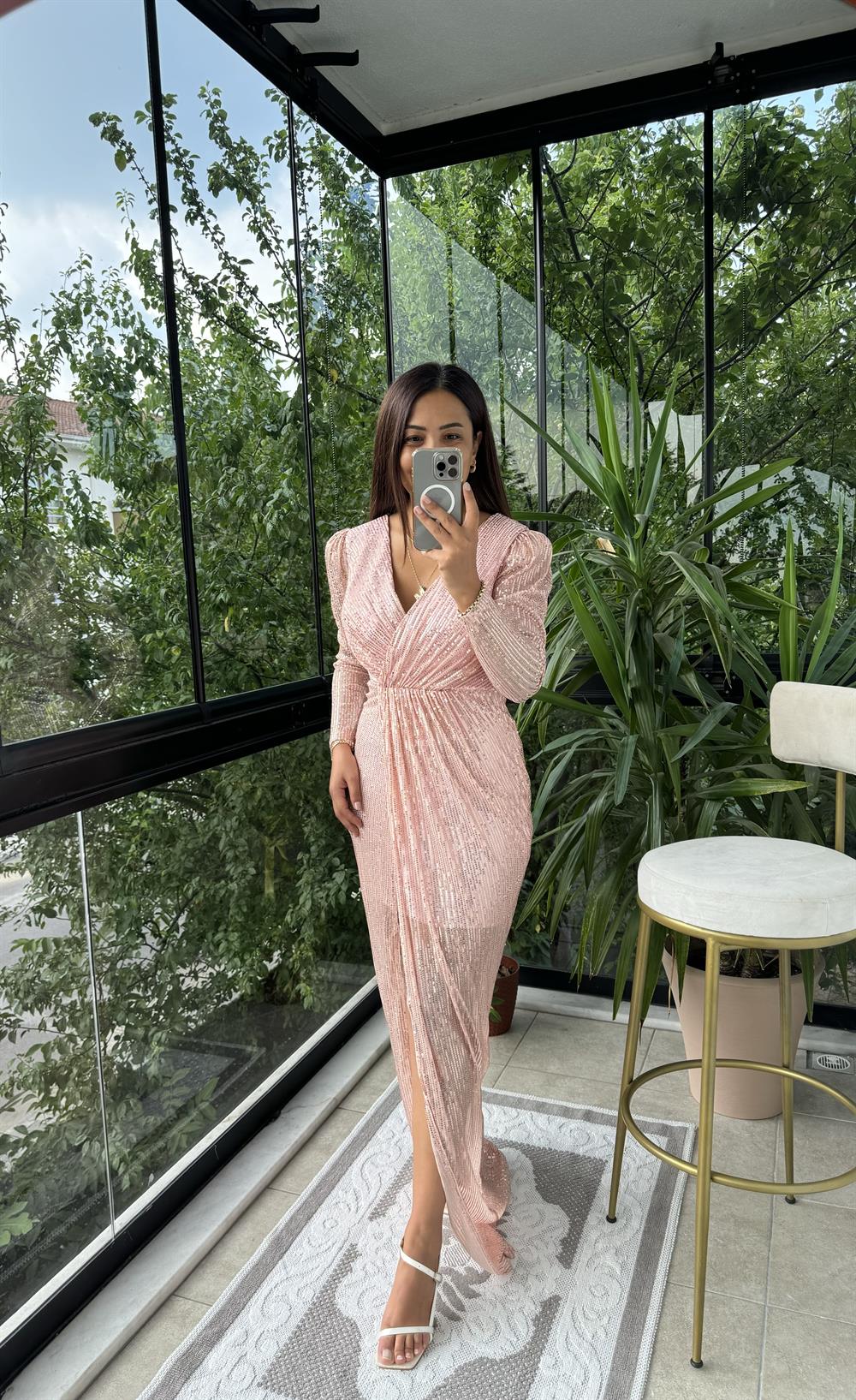 Payetli Kruvaze Abiye Pudra