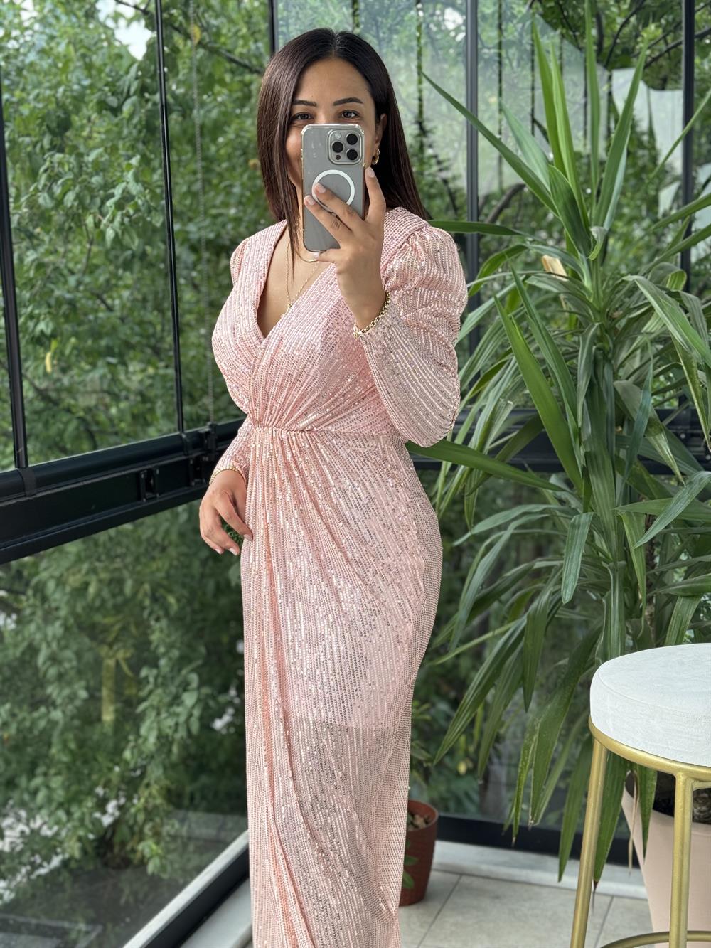 Payetli Kruvaze Abiye Pudra