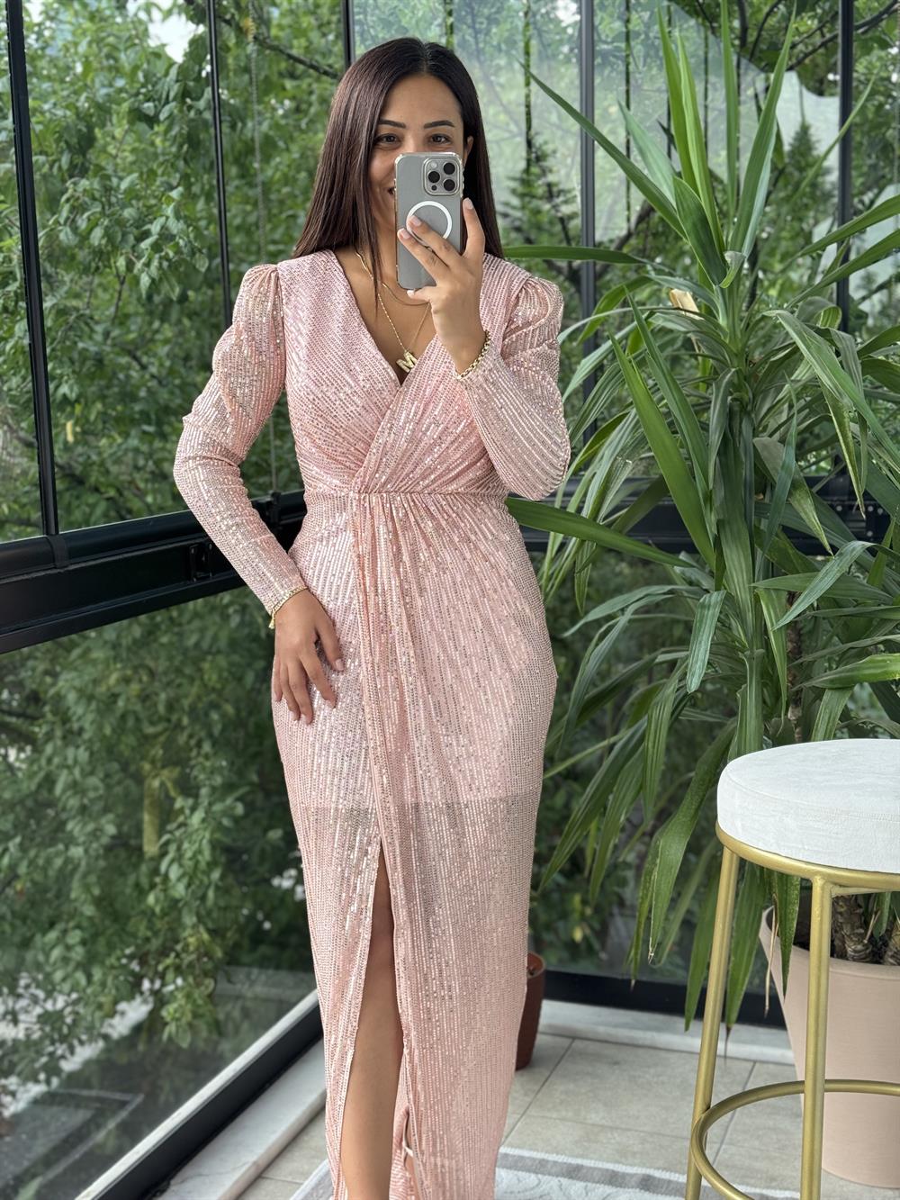 Payetli Kruvaze Abiye Pudra