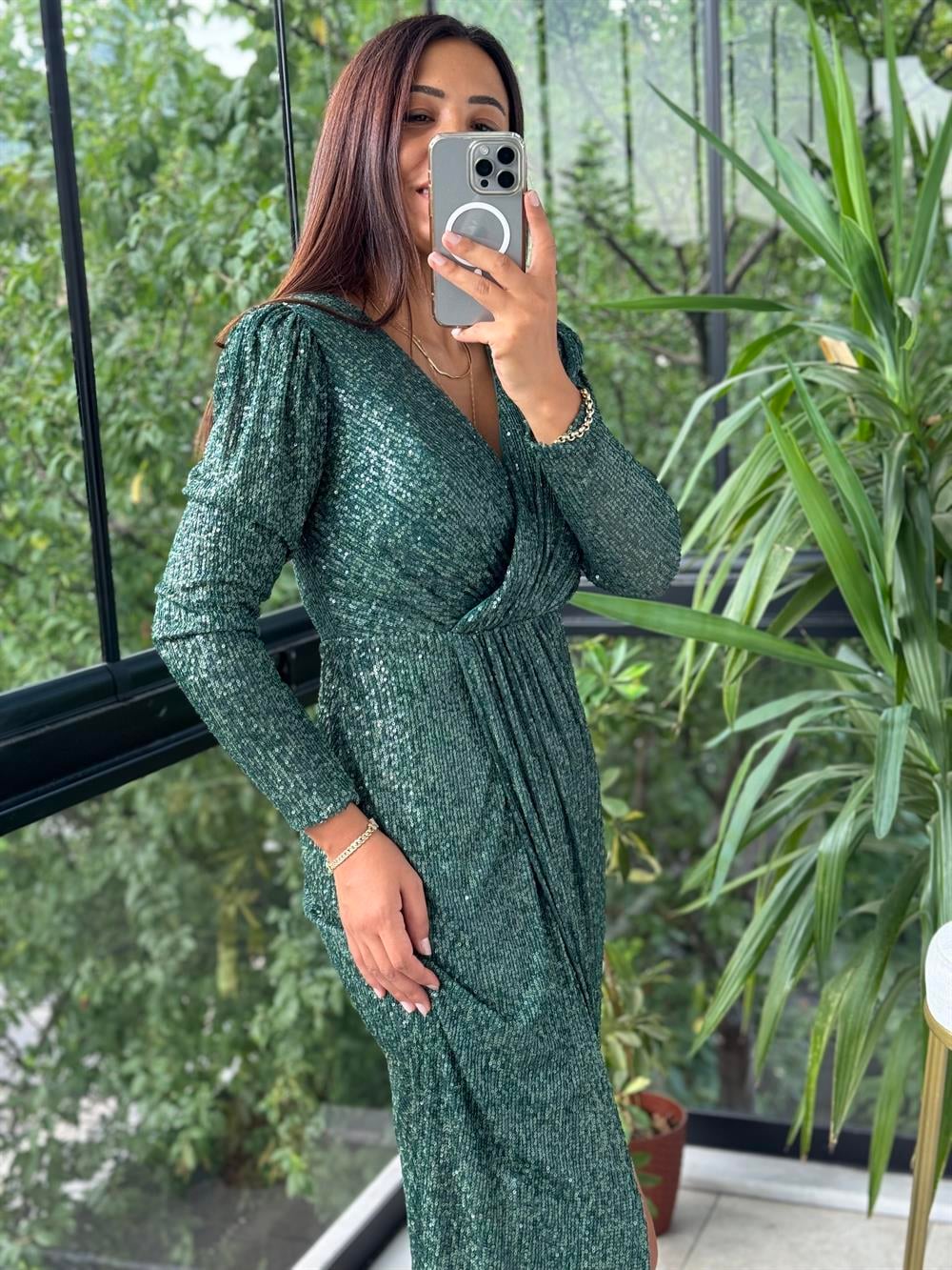 Payetli Kruvaze Abiye Zümrüt