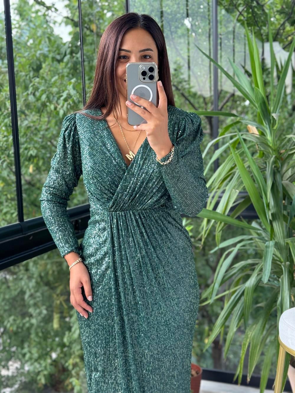 Payetli Kruvaze Abiye Zümrüt