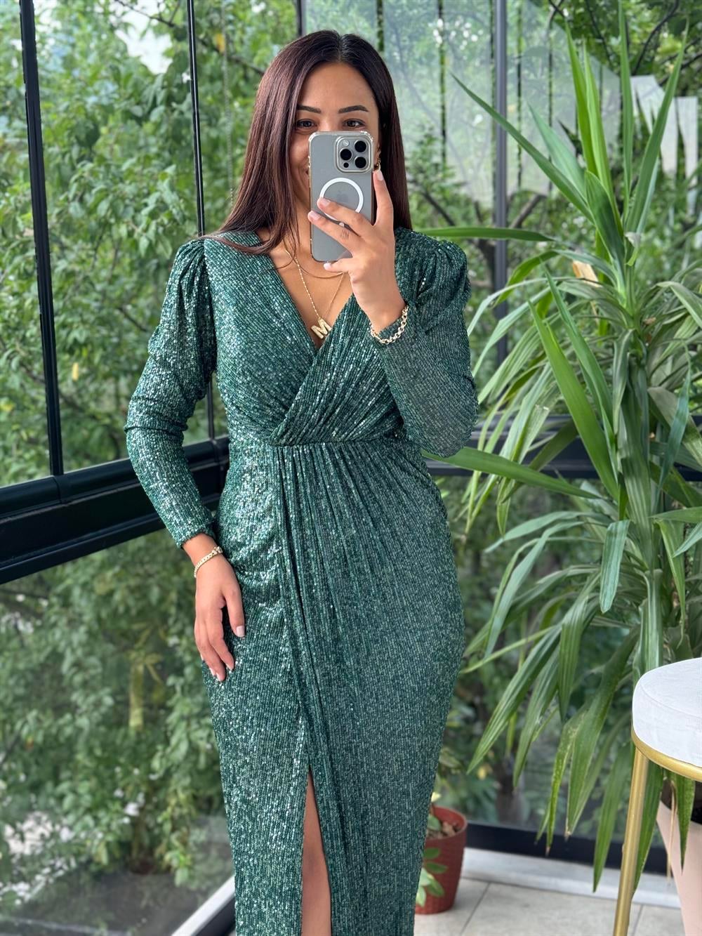 Payetli Kruvaze Abiye Zümrüt