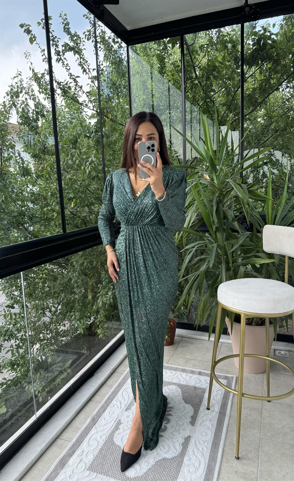 Payetli Kruvaze Abiye Zümrüt