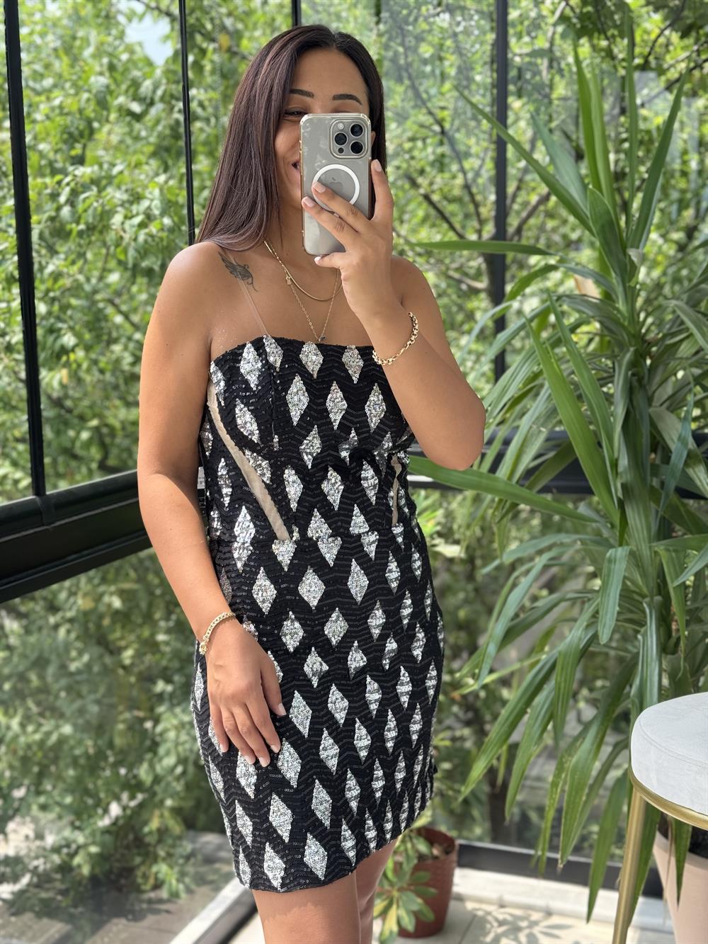 Payetli Mini Abiye Elbise Siyah