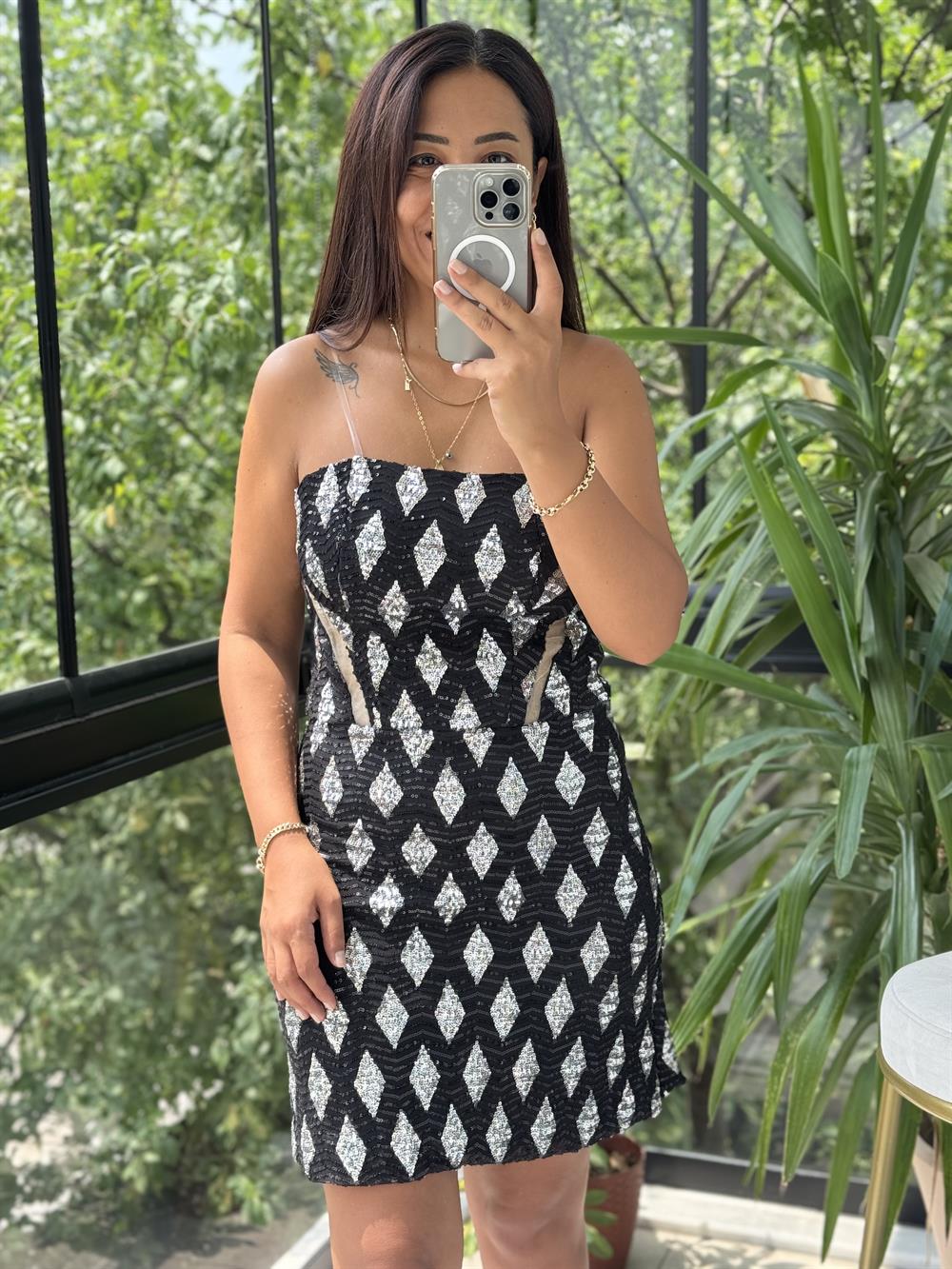 Payetli Mini Abiye Elbise Siyah