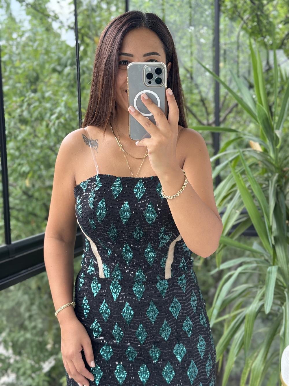 Payetli Mini Abiye Elbise Zümrüt