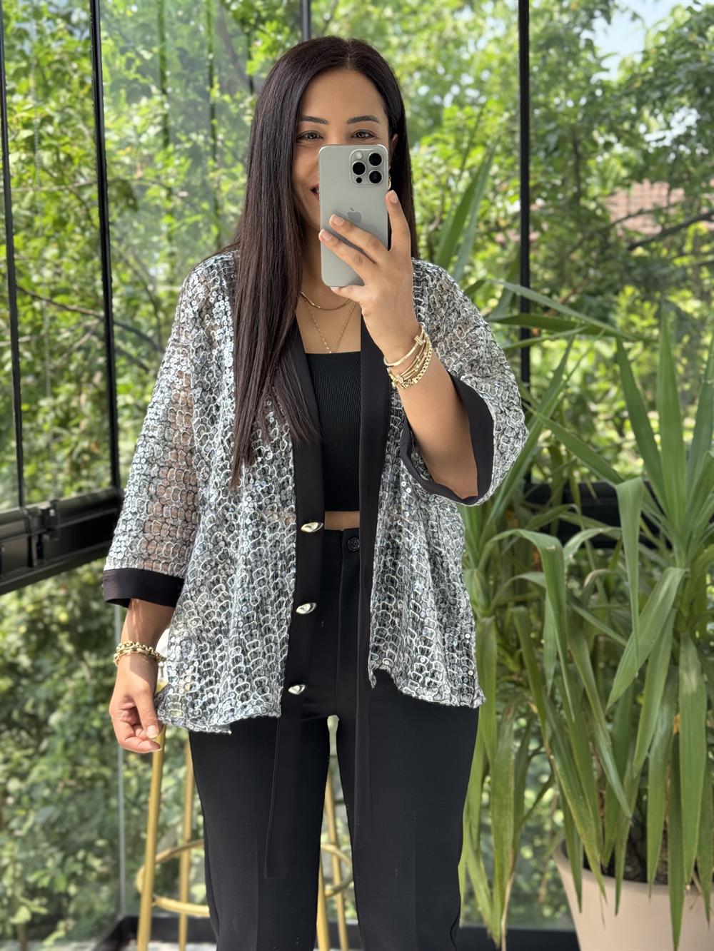 Payetli Premium Ceket Gümüş