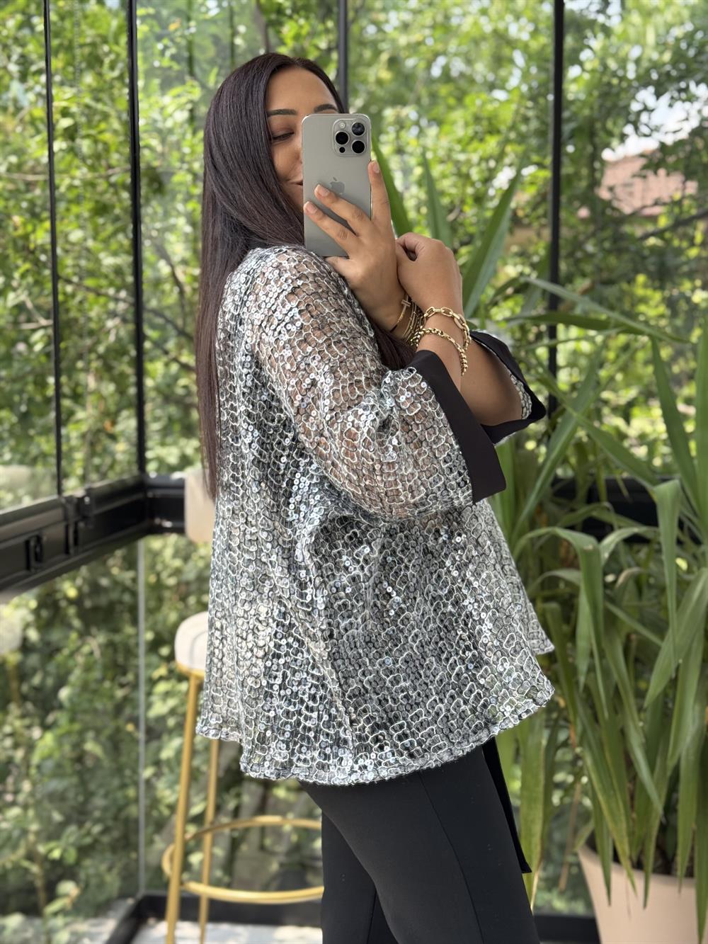 Payetli Premium Ceket Gümüş