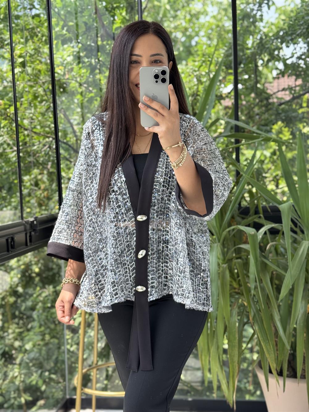 Payetli Premium Ceket Gümüş