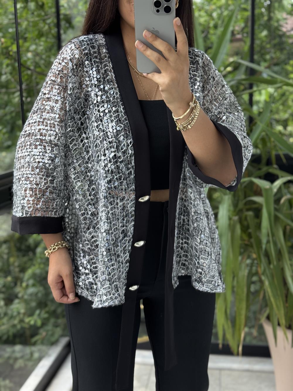 Payetli Premium Ceket Gümüş