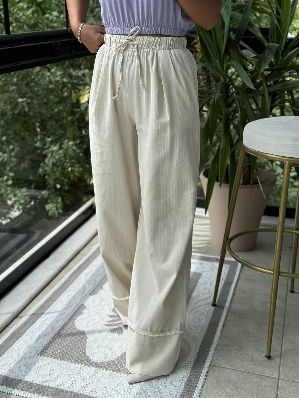 Gabardin Bol Paça Pantolon Taş