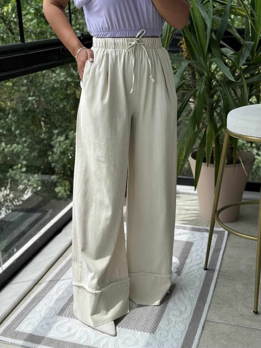 Gabardin Bol Paça Pantolon Taş