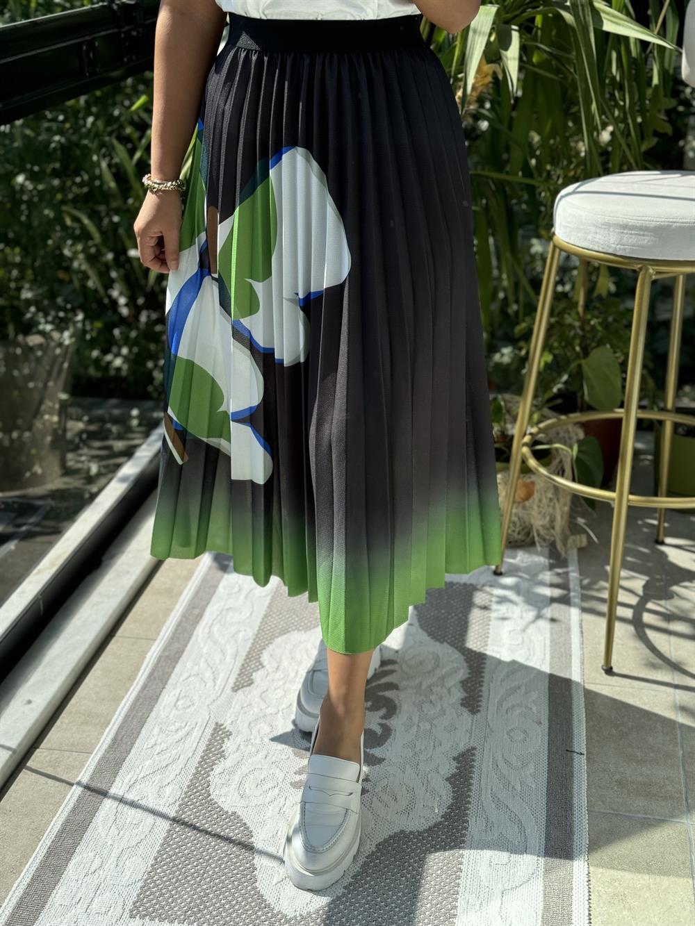 Pileli Desenli Etek Çimen Yeşil