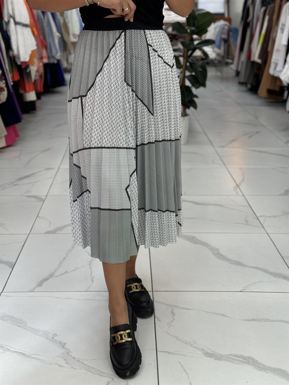 Pileli Desenli Etek Gri