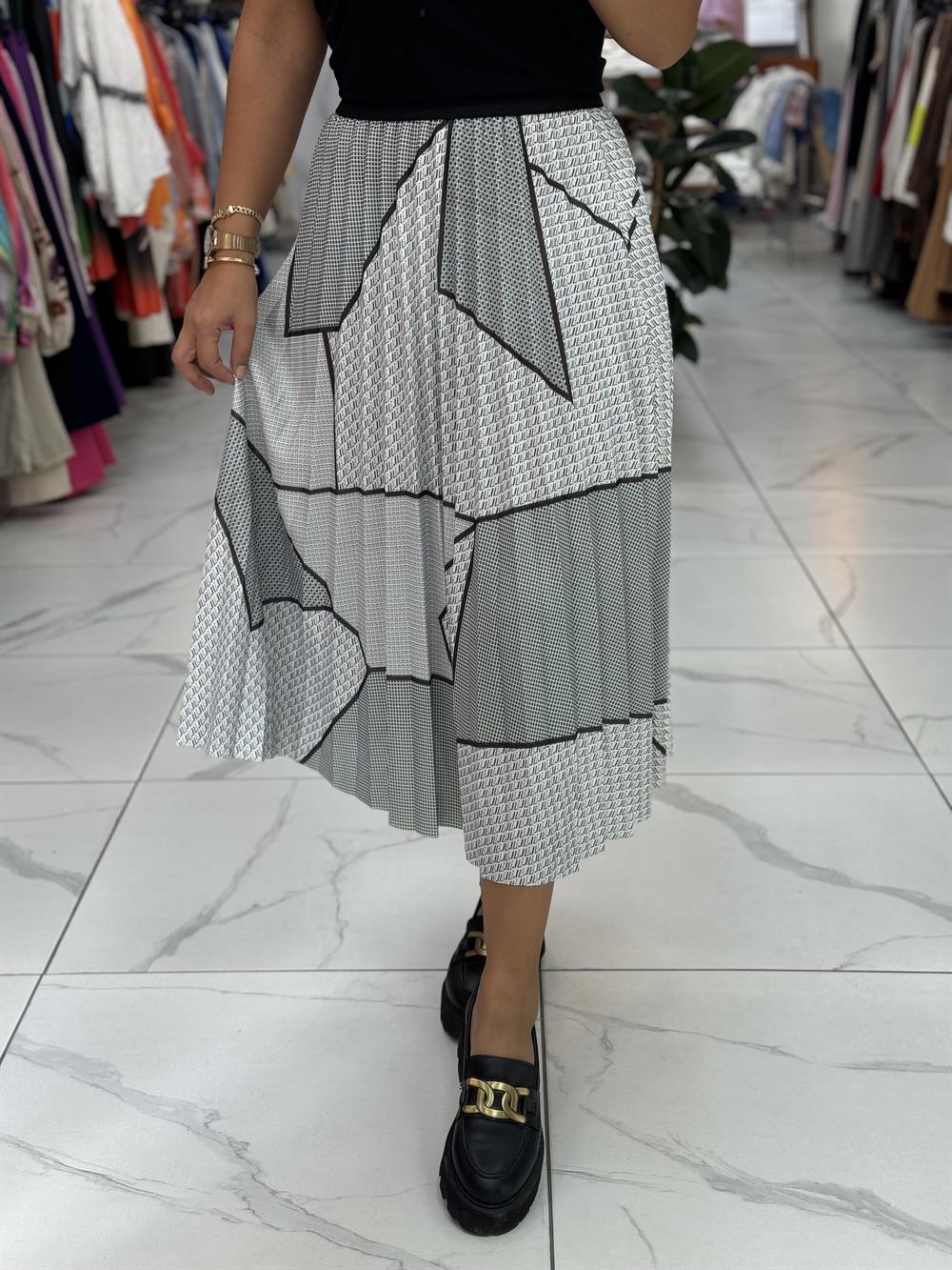 Pileli Desenli Etek Gri