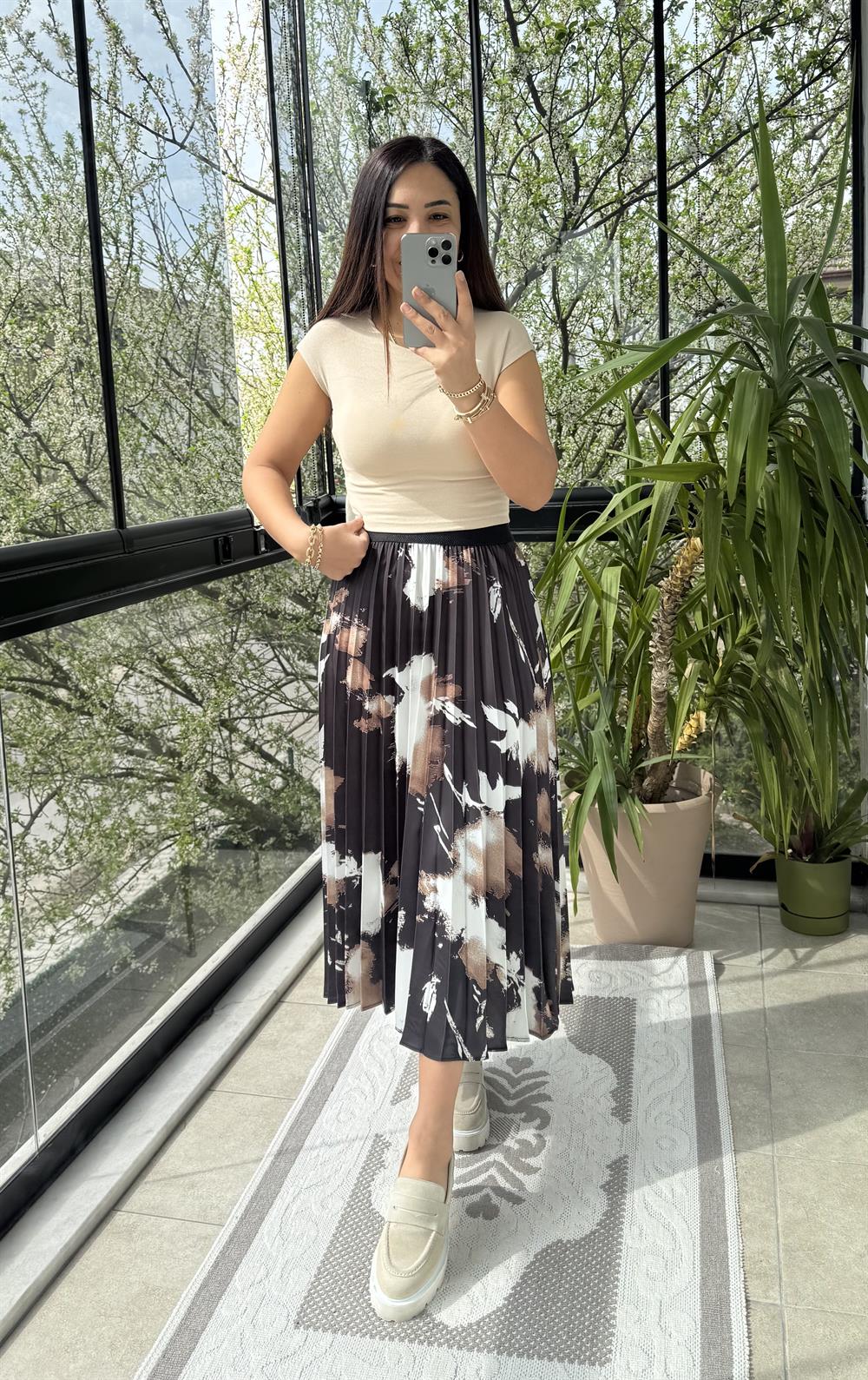 Pileli Desenli Etek Kahve