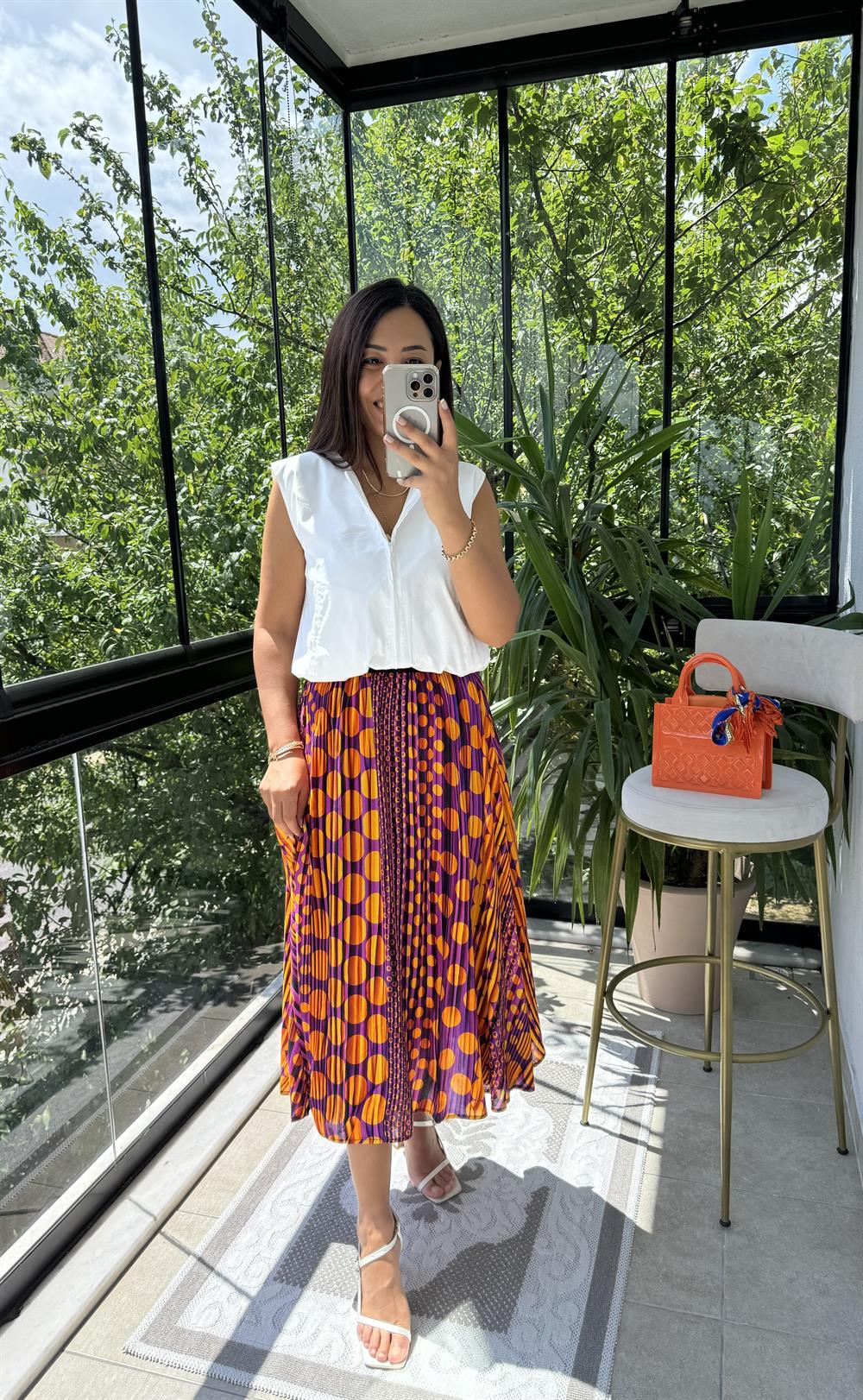 Pileli Desenli Etek Mor