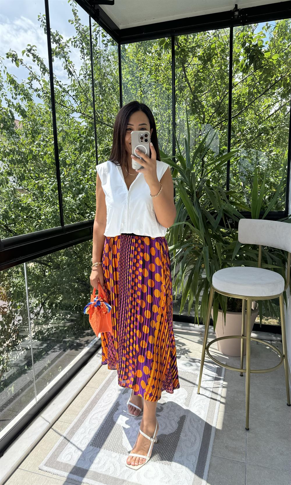 Pileli Desenli Etek Mor