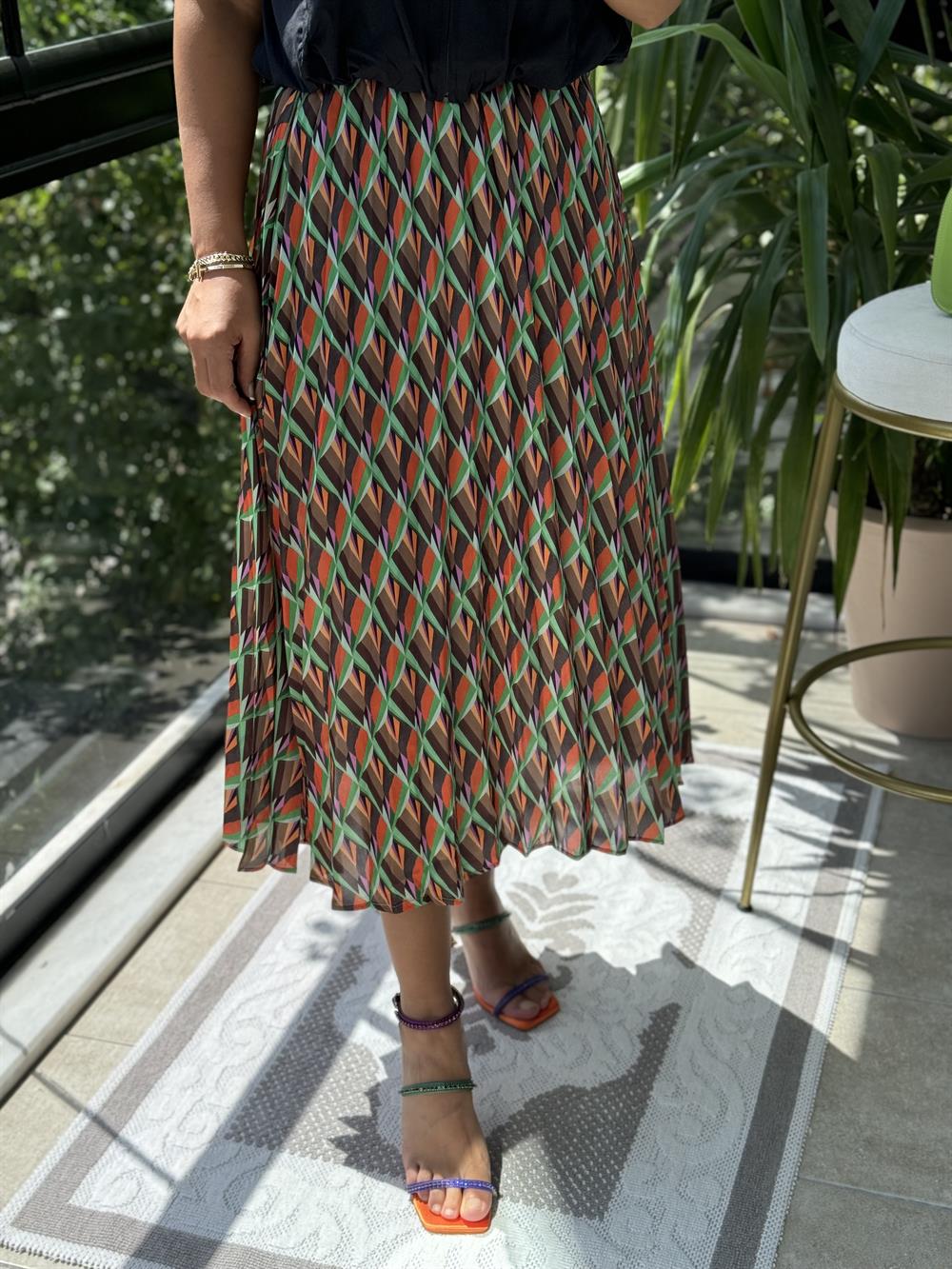 Pileli Desenli Etek Oranj