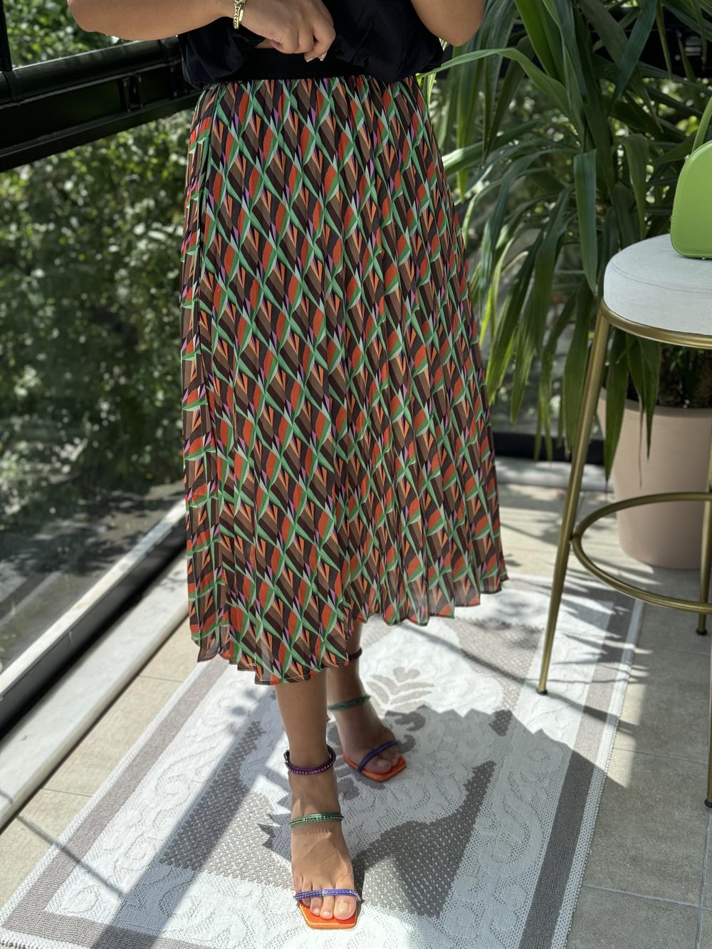 Pileli Desenli Etek Oranj