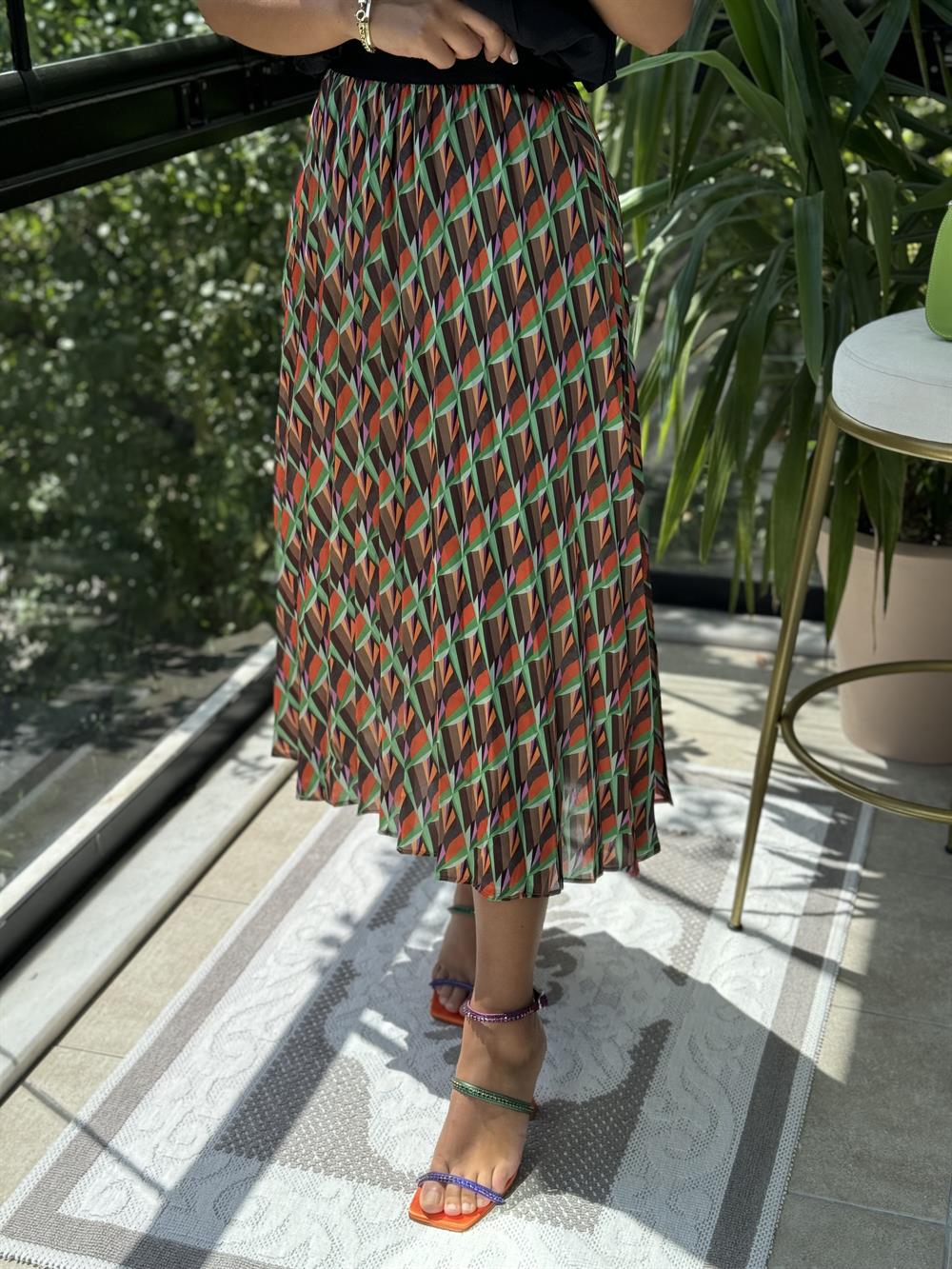 Pileli Desenli Etek Oranj