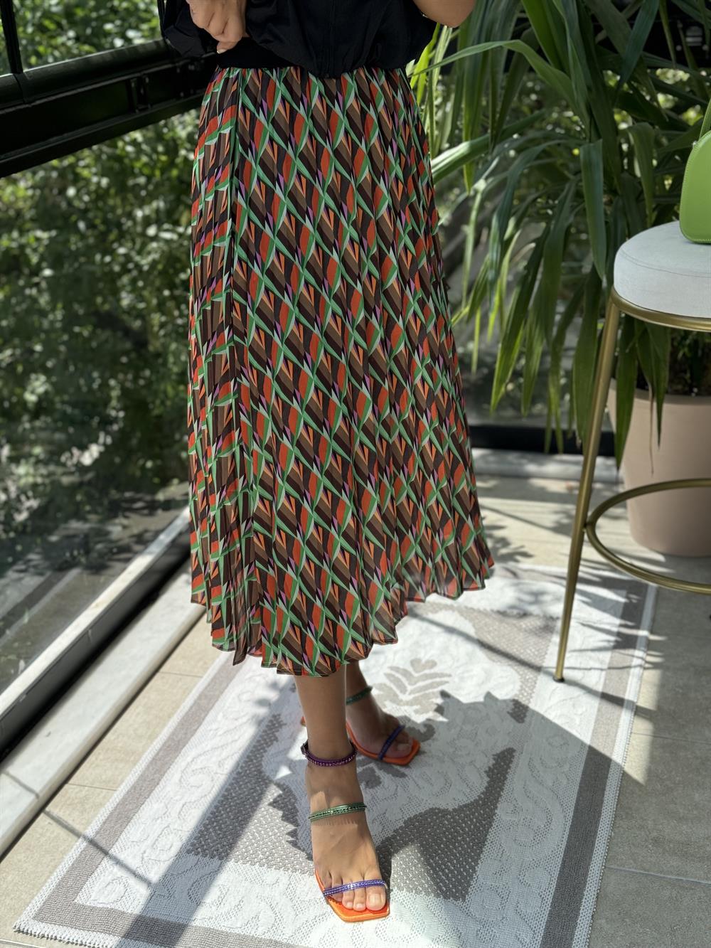 Pileli Desenli Etek Oranj