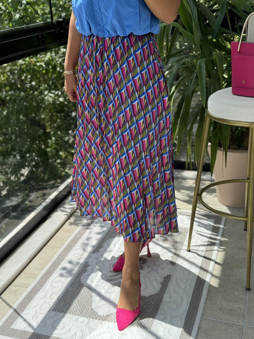 Pileli Desenli Etek Pembe