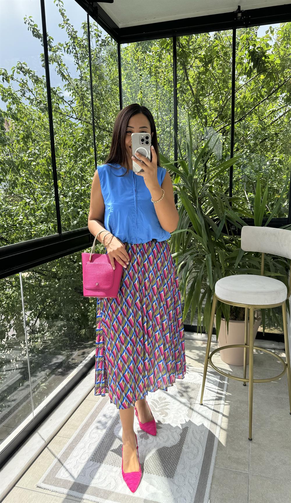 Pileli Desenli Etek Pembe