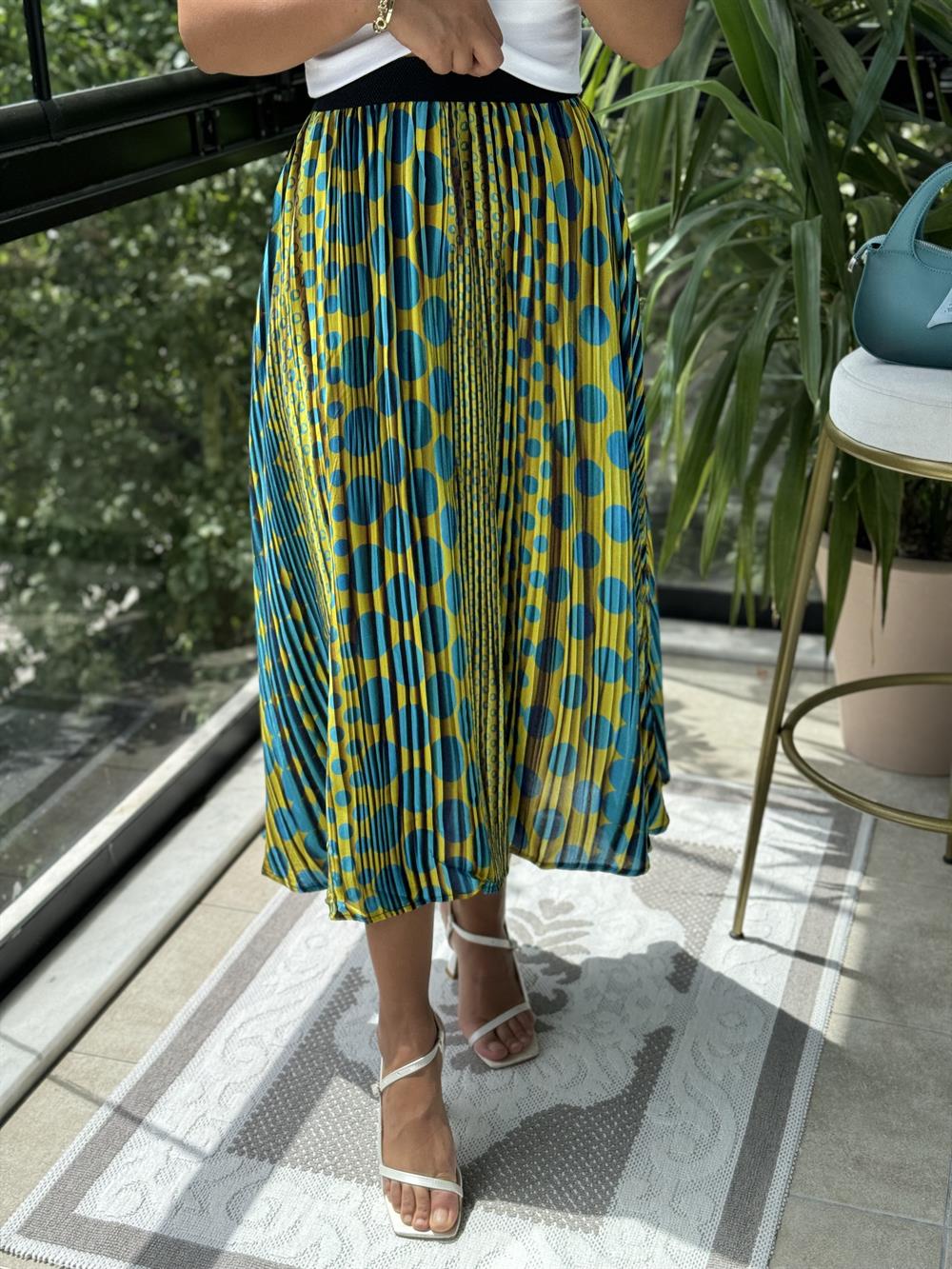 Pileli Desenli Etek Turkuaz