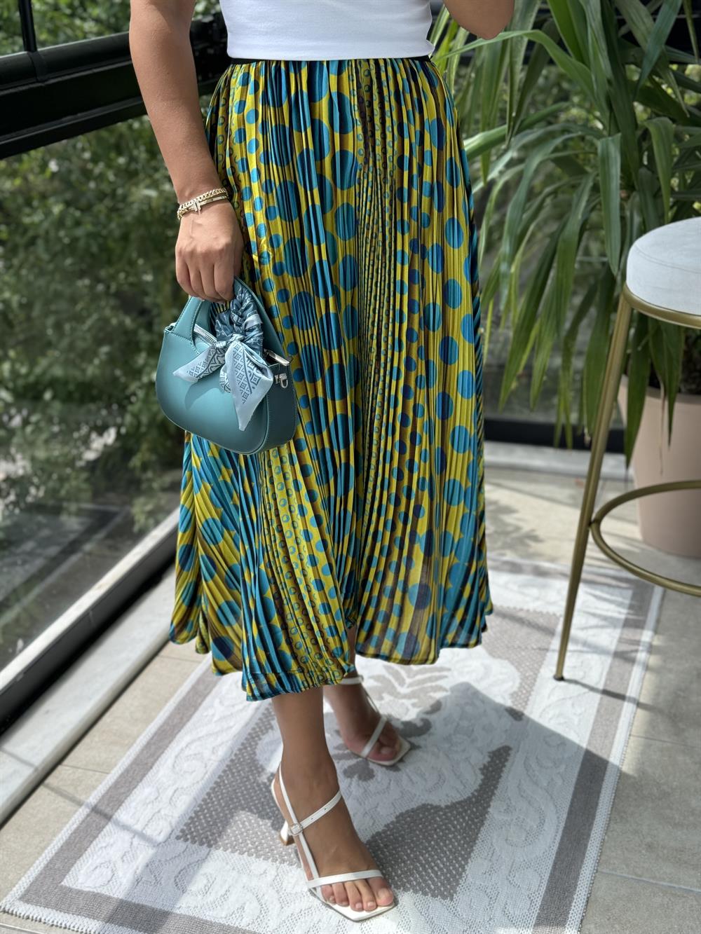 Pileli Desenli Etek Turkuaz