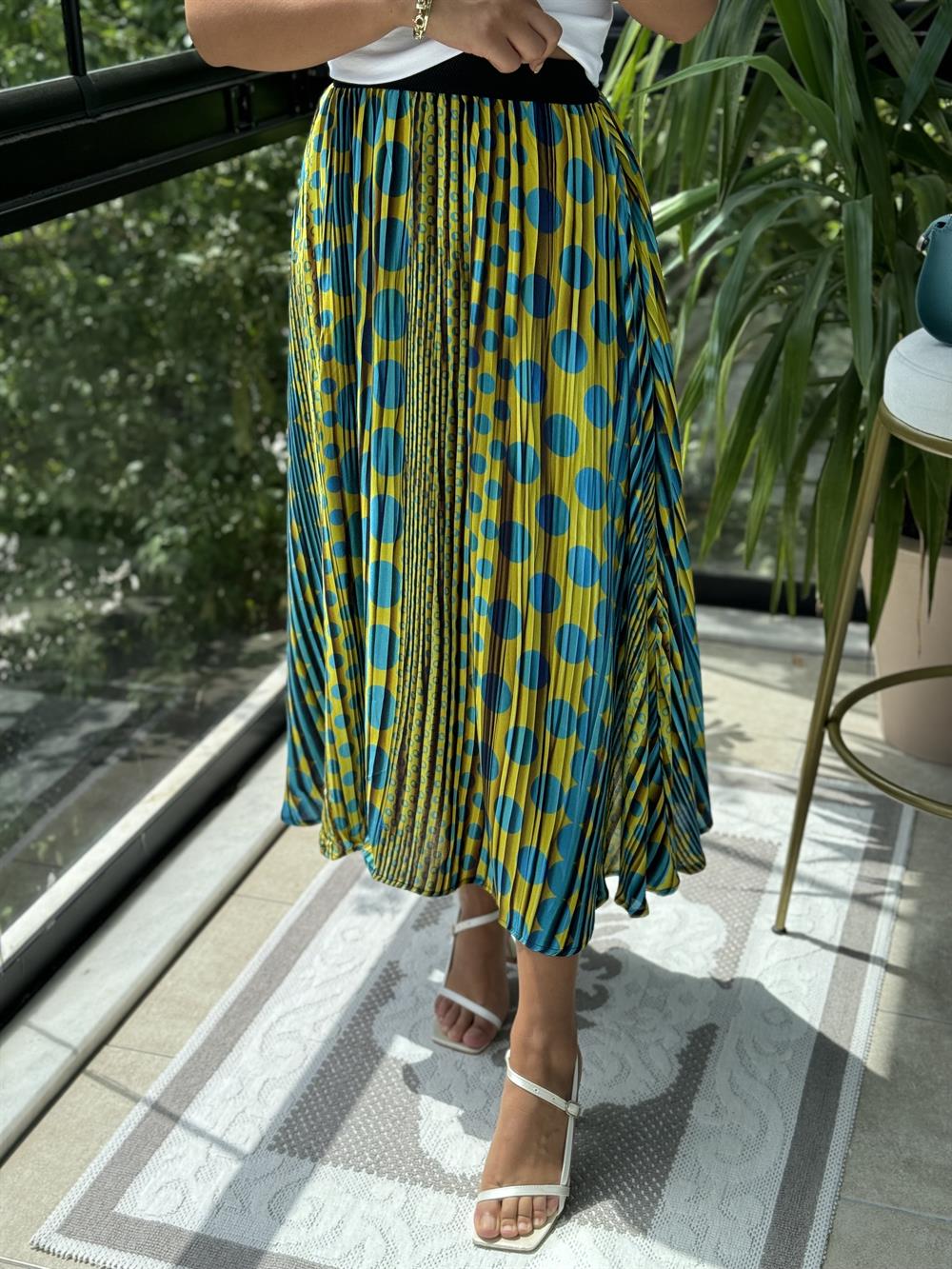 Pileli Desenli Etek Turkuaz