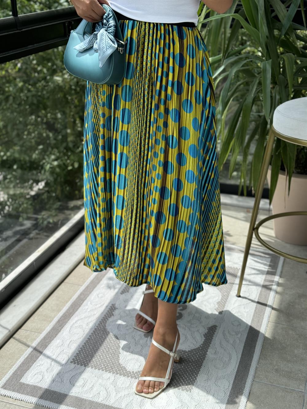 Pileli Desenli Etek Turkuaz