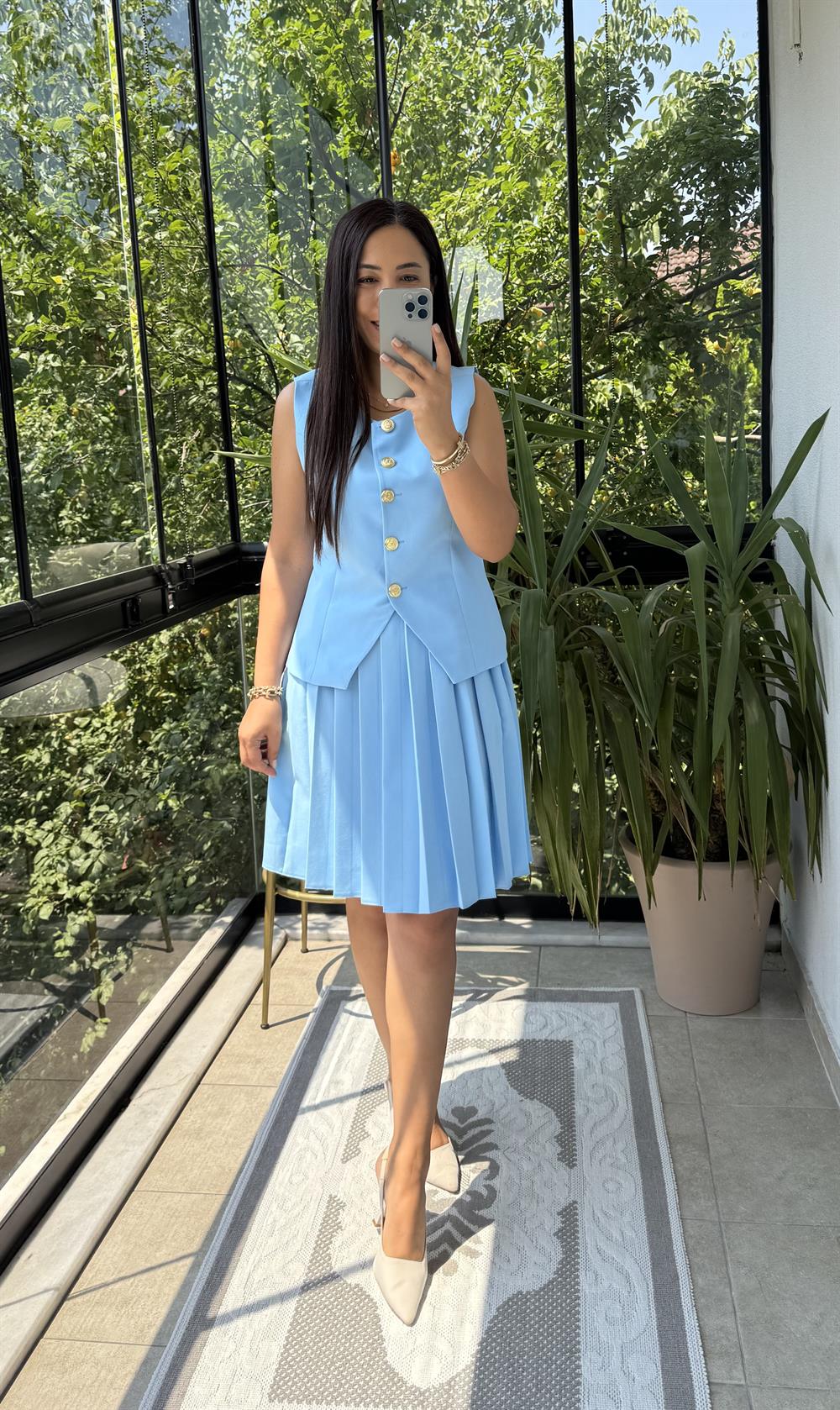 Pileli Etekli Yelek Takım Bebe Mavi