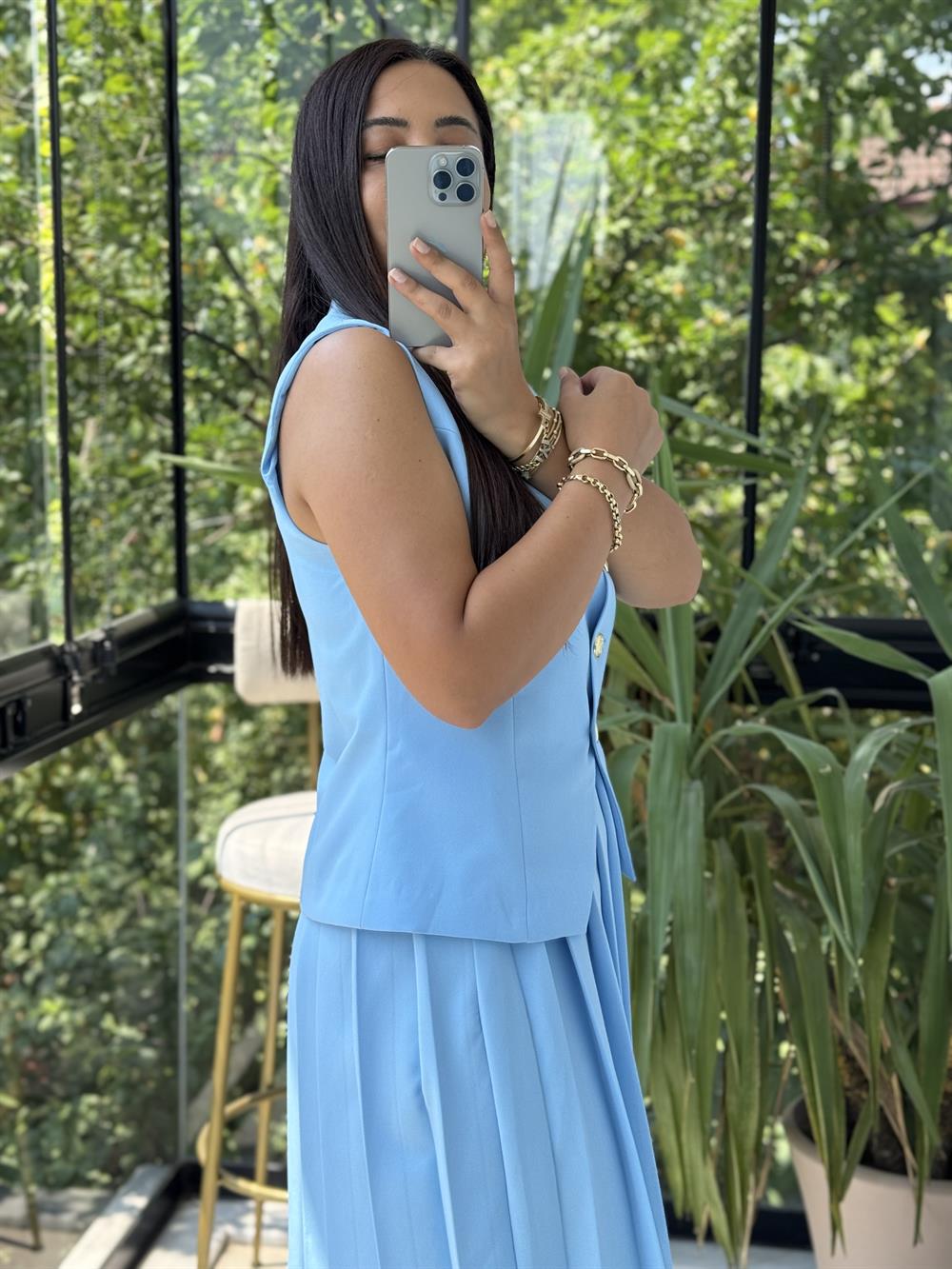 Pileli Etekli Yelek Takım Bebe Mavi