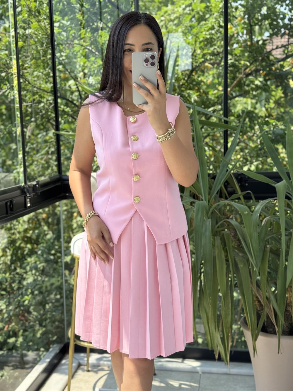 Pileli Etekli Yelek Takım Pembe