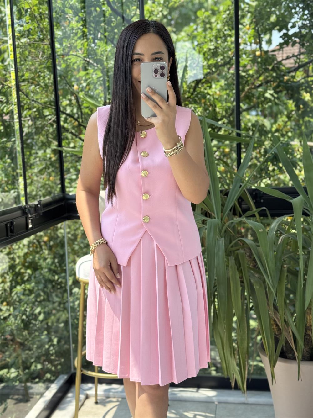 Pileli Etekli Yelek Takım Pembe