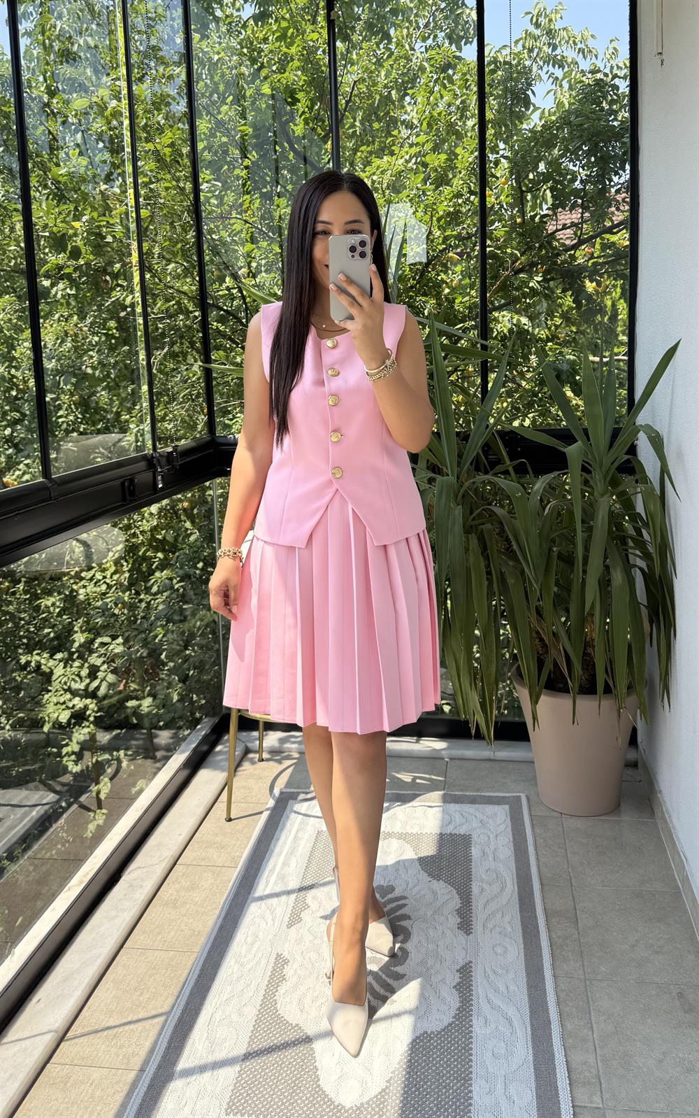 Pileli Etekli Yelek Takım Pembe