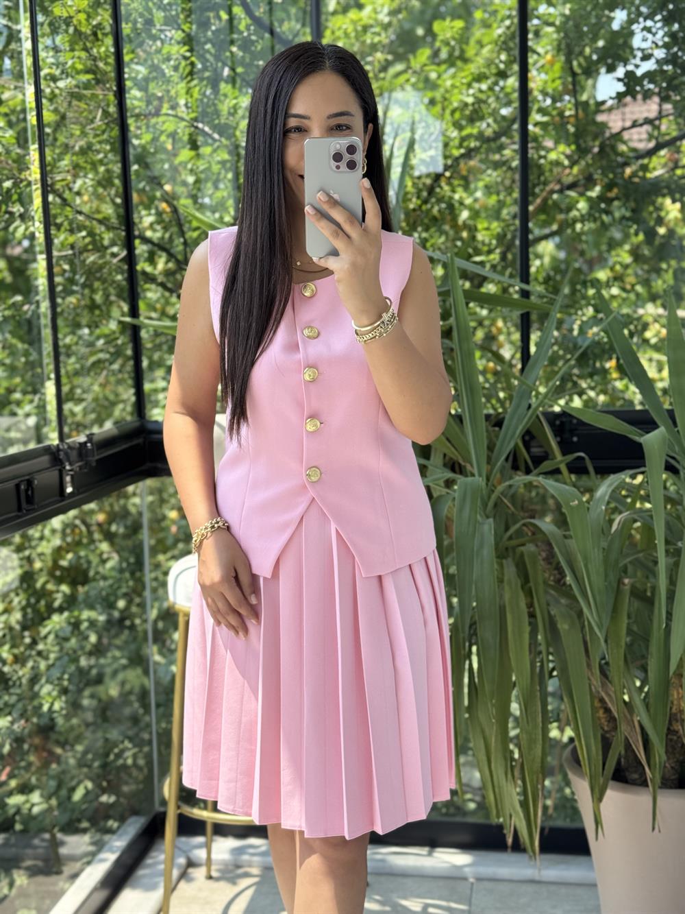 Pileli Etekli Yelek Takım Pembe