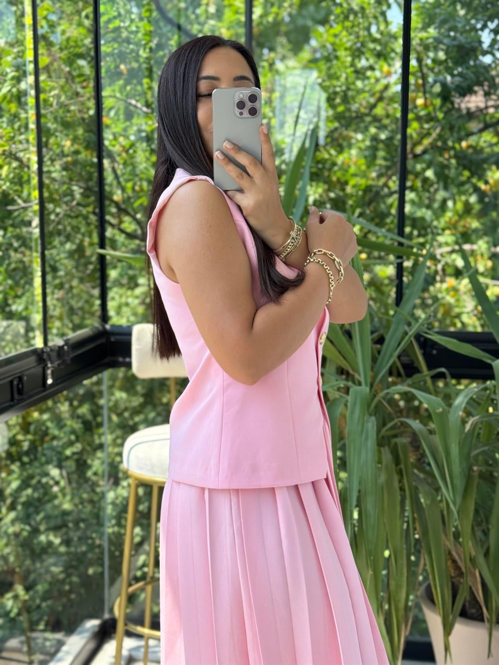 Pileli Etekli Yelek Takım Pembe