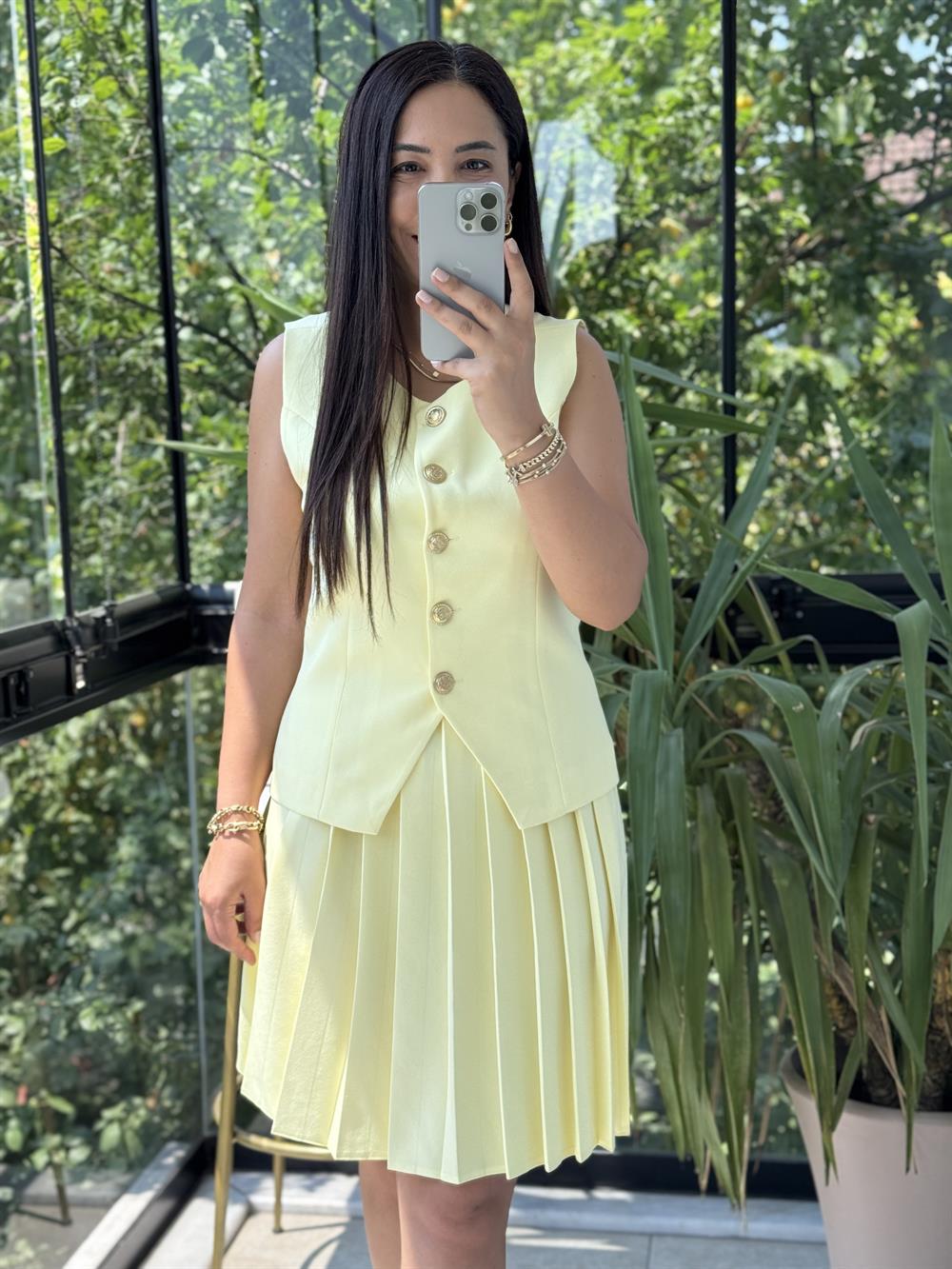 Pileli Etekli Yelek Takım Sarı