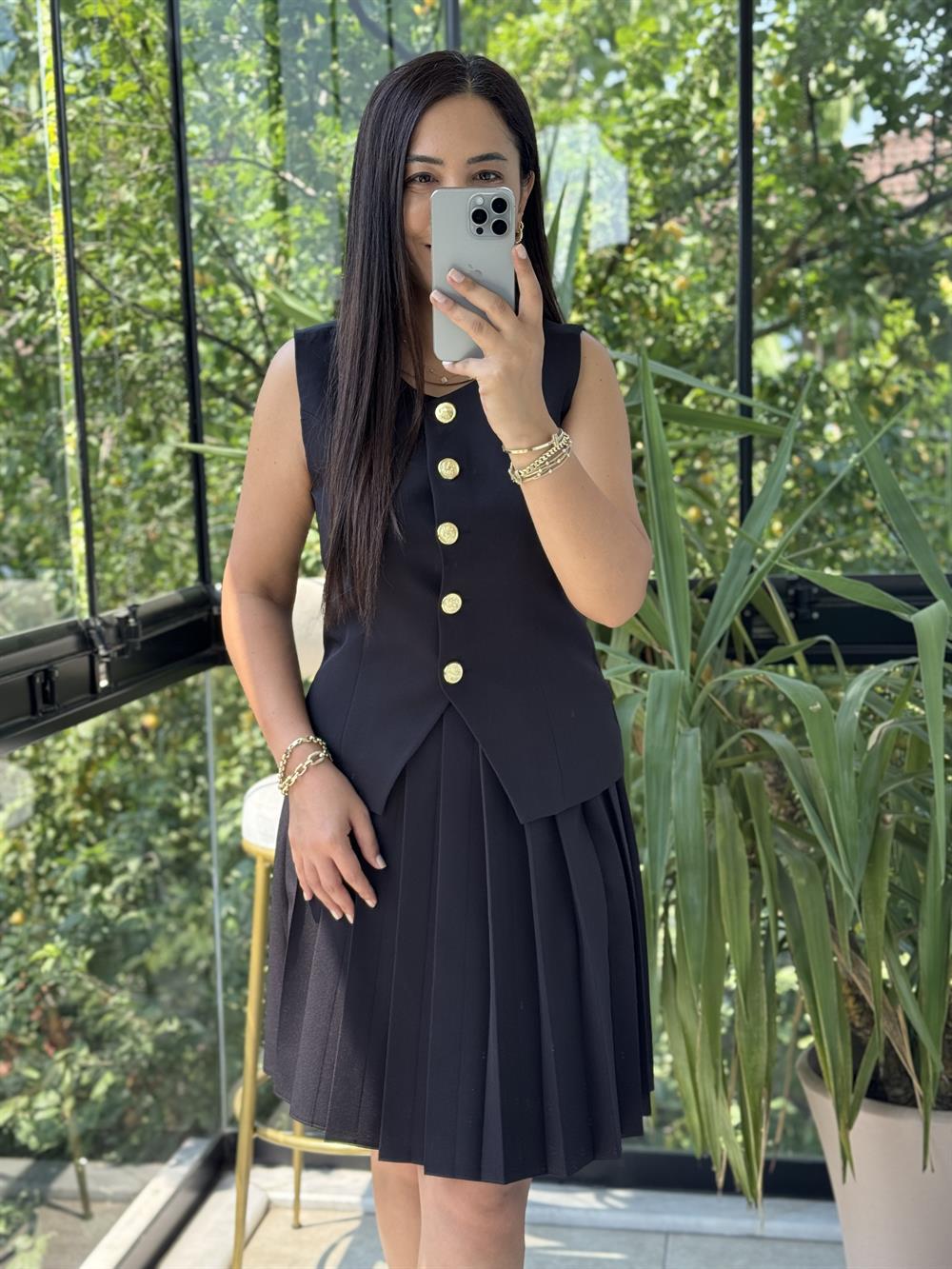 Pileli Etekli Yelek Takım Siyah