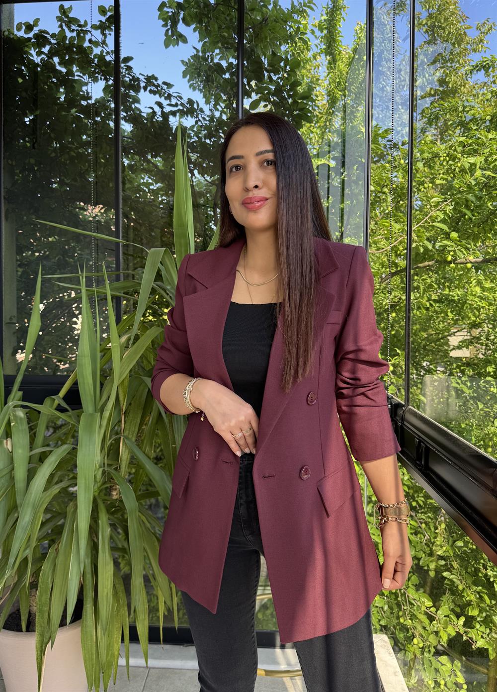 Poliviskon Kumaş Slimfit Blazer Ceket  Mürdüm