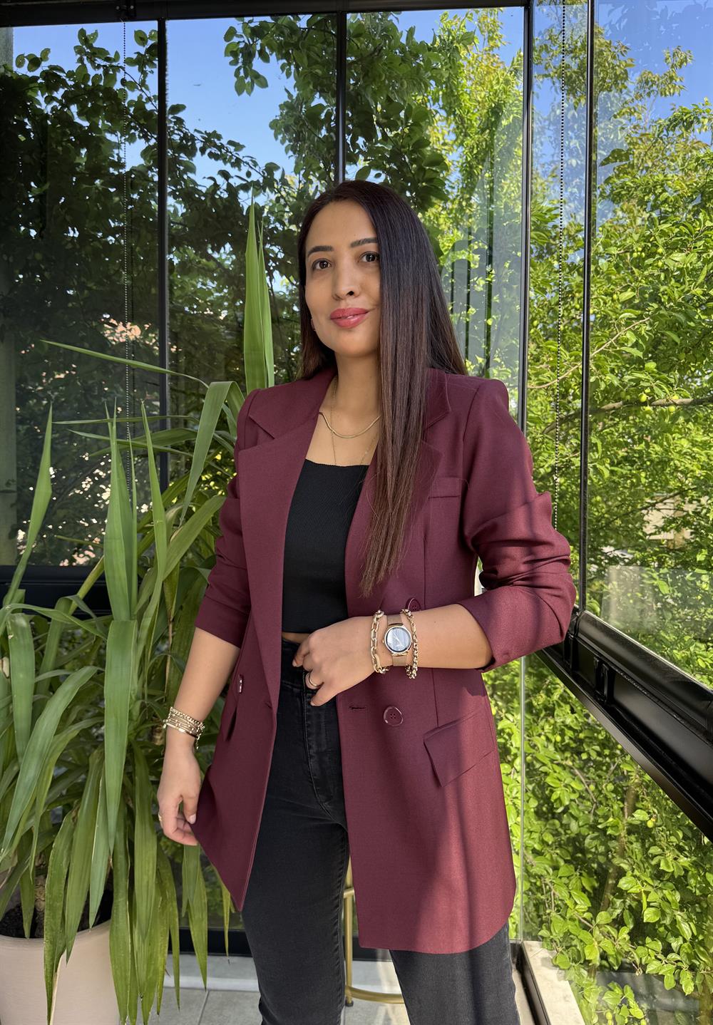 Poliviskon Kumaş Slimfit Blazer Ceket  Mürdüm