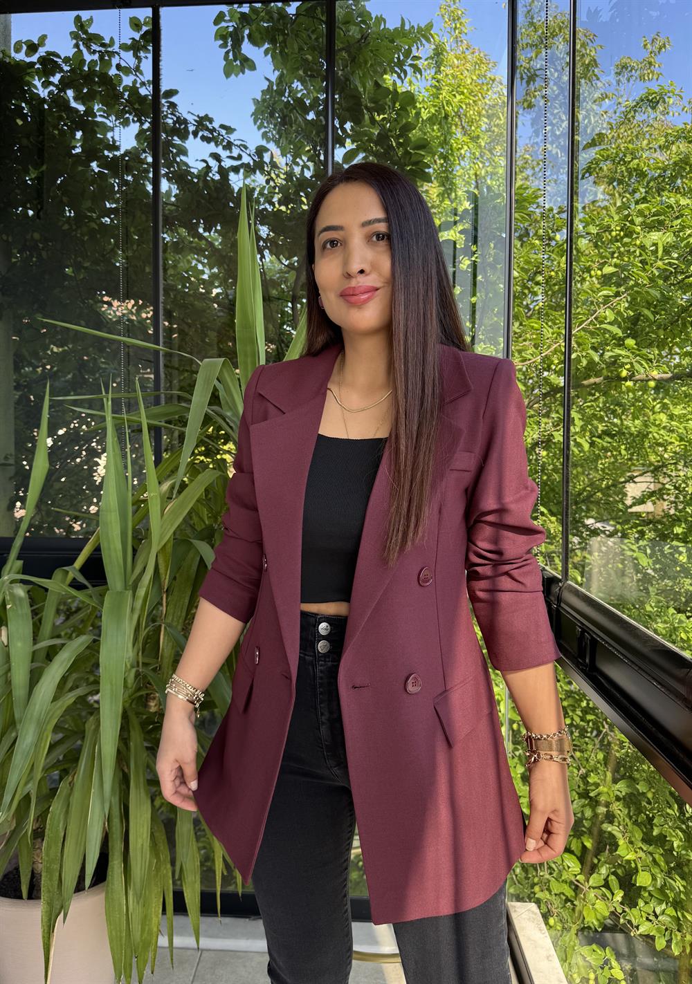 Poliviskon Kumaş Slimfit Blazer Ceket  Mürdüm