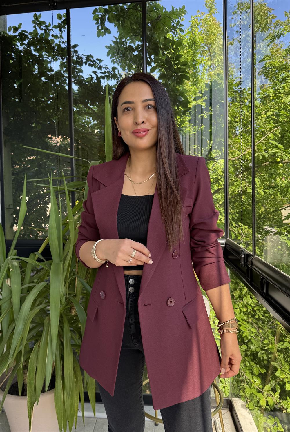 Poliviskon Kumaş Slimfit Blazer Ceket  Mürdüm