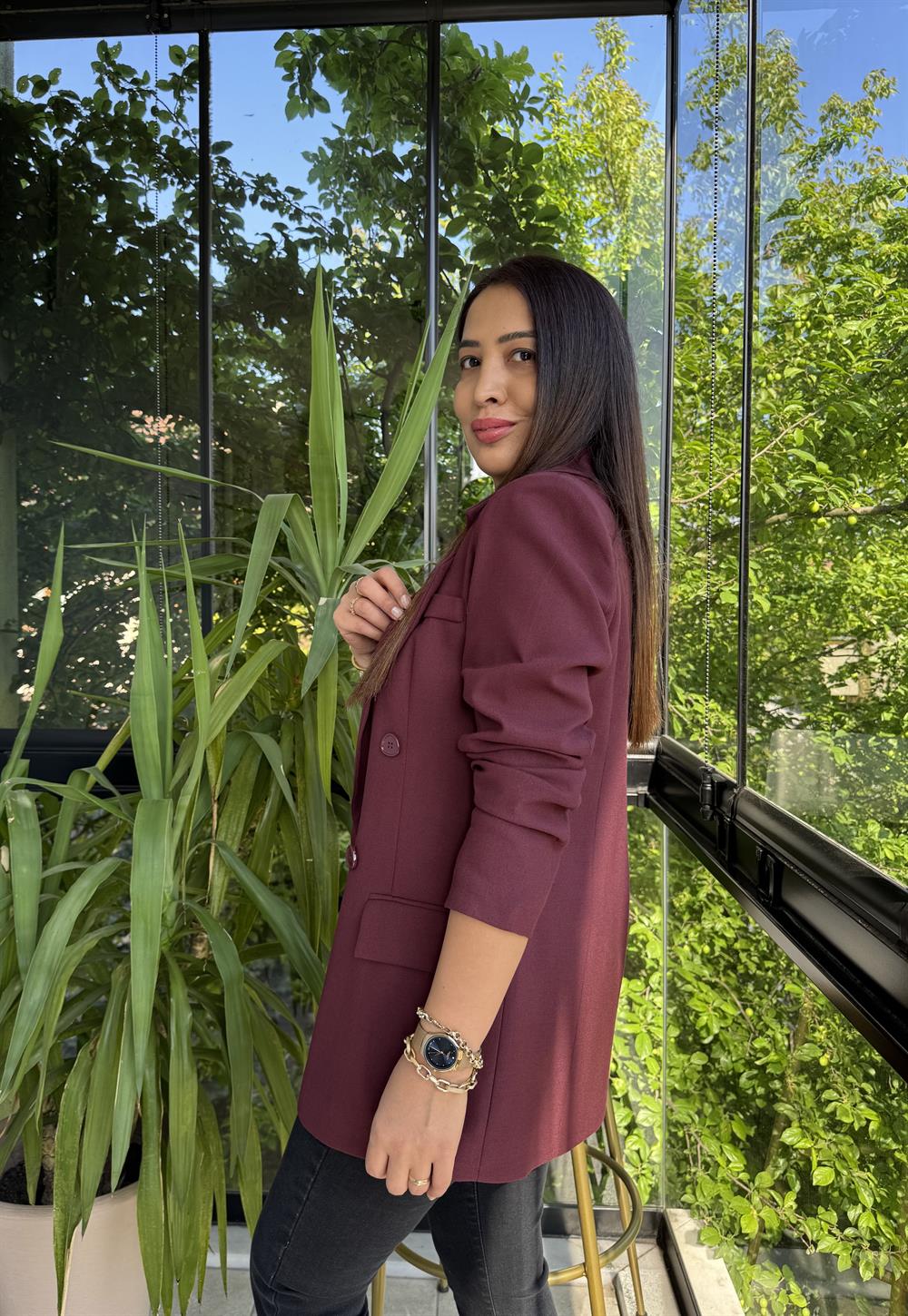 Poliviskon Kumaş Slimfit Blazer Ceket  Mürdüm