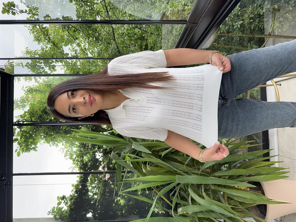 Polo Yaka Ajurlu Kısa Kol Triko Ekru