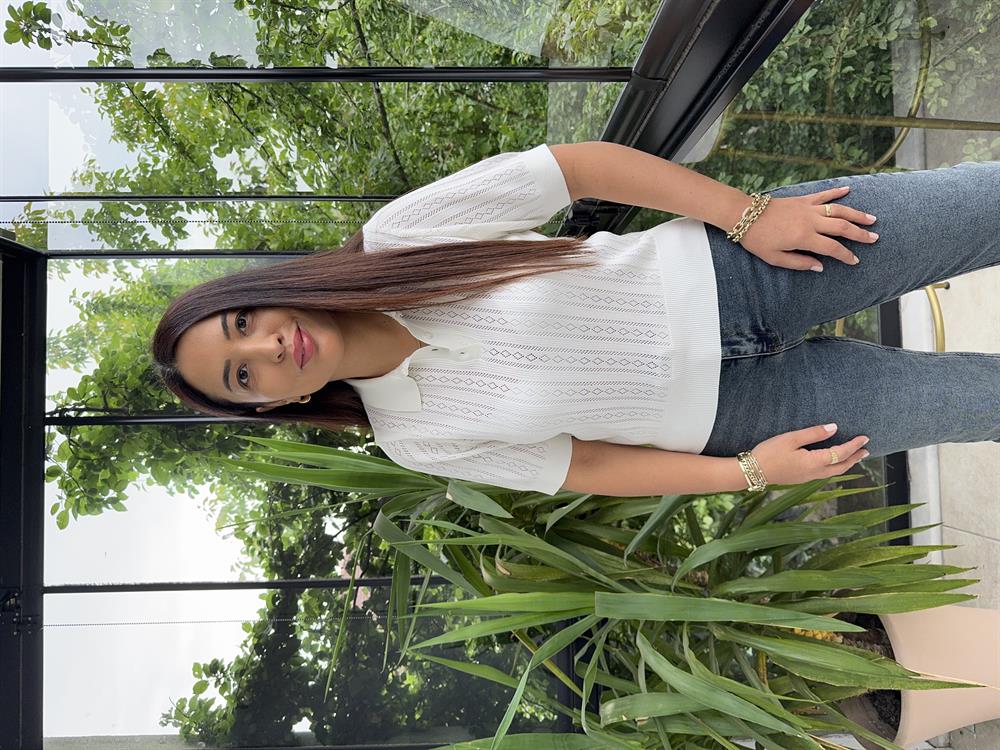 Polo Yaka Ajurlu Kısa Kol Triko Ekru